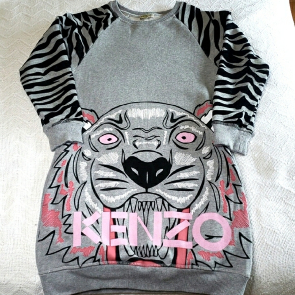 Kenzo Kids Girls 12 Long Grey Cotton Sweatshirt Tiger Dress